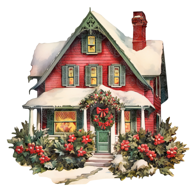Christmas farmhouse house decorated with wreath holly berries and snow covered porch Grey Barn Handwerk, Saskatchewan.